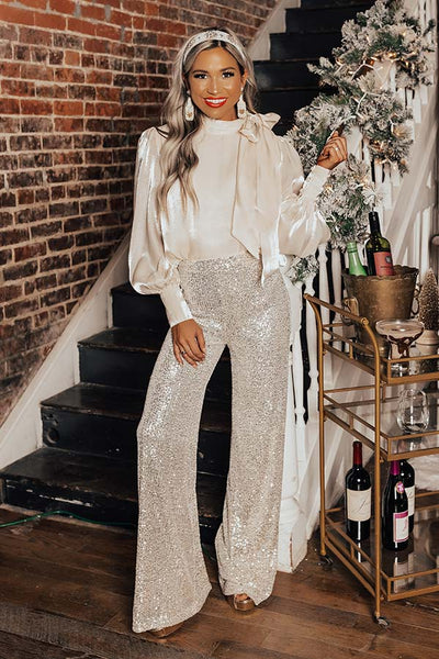 Style Pantry  Plunging Neck Bodysuit  Sequin High Waist Pants  Black and  gold outfit Birthday outfit for women Gold sequin pants outfit