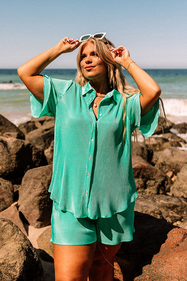 Tour The Town Pleated Top In Turquoise Curves
