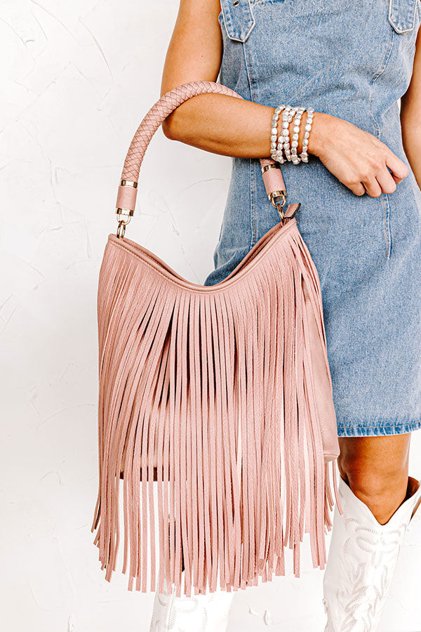 The Averie Faux Leather Fringe Tote In Blush