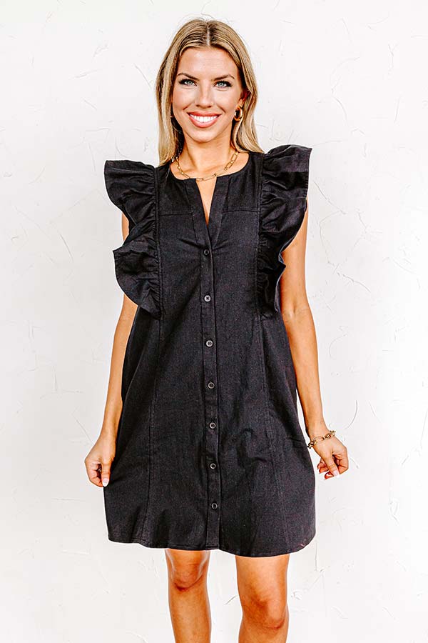 Passing Through Town Button Up Dress In Black