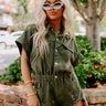 The Juni Distressed Denim Romper in Army Green Image - 1