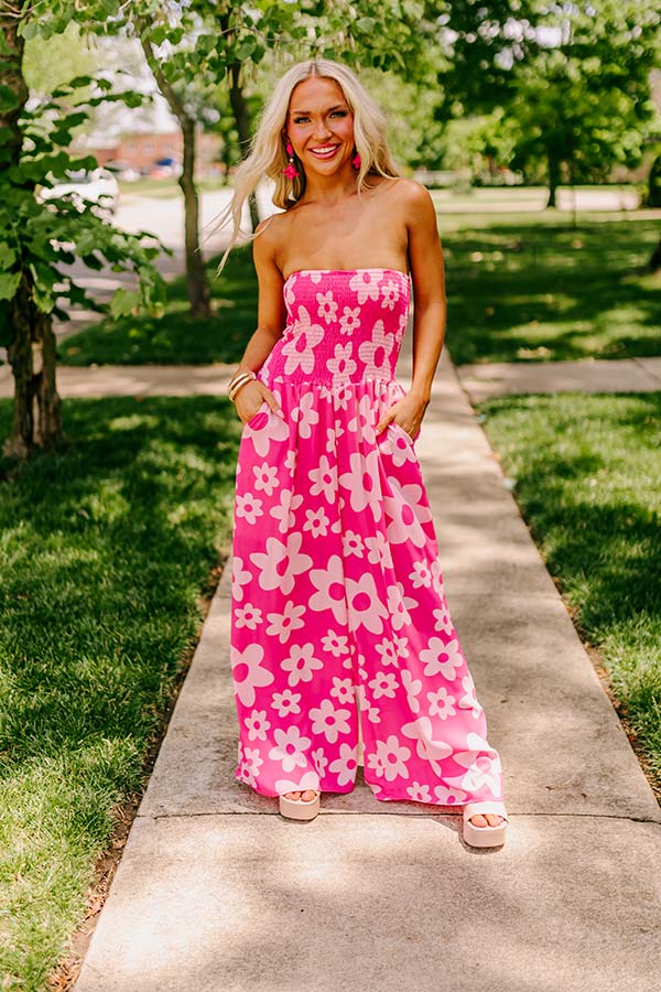 Loft Party Smocked Floral Jumpsuit in Hot Pink