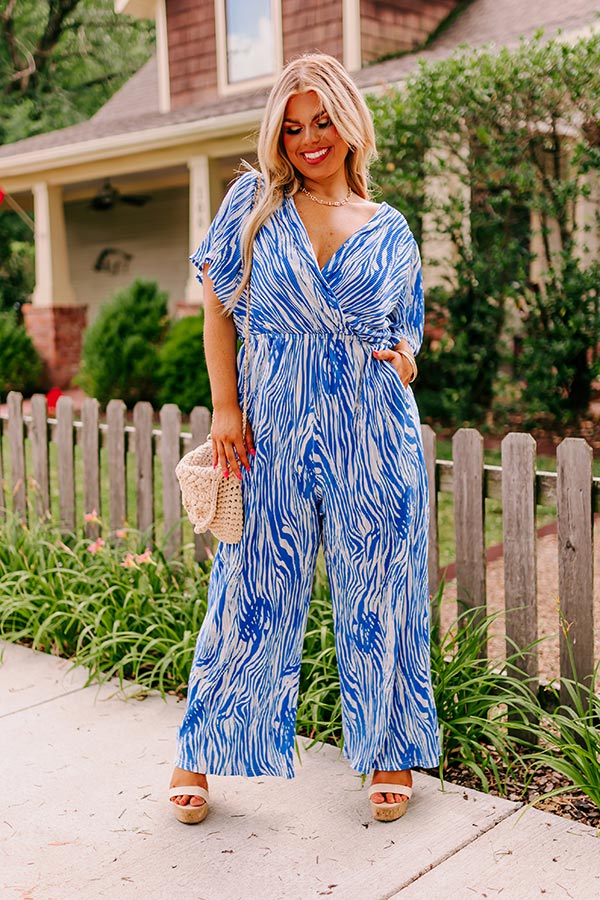 Peak Party Vibes Pleated Jumpsuit In Blue Curves