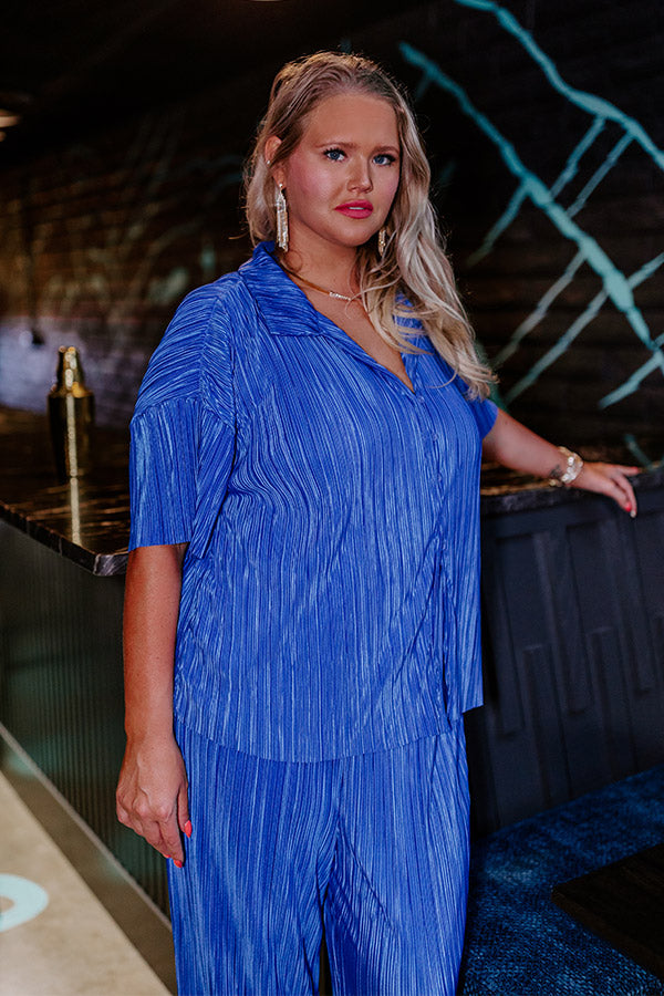 Graceful Appearance Pleated Button Up In Blue Curves Image - 1
