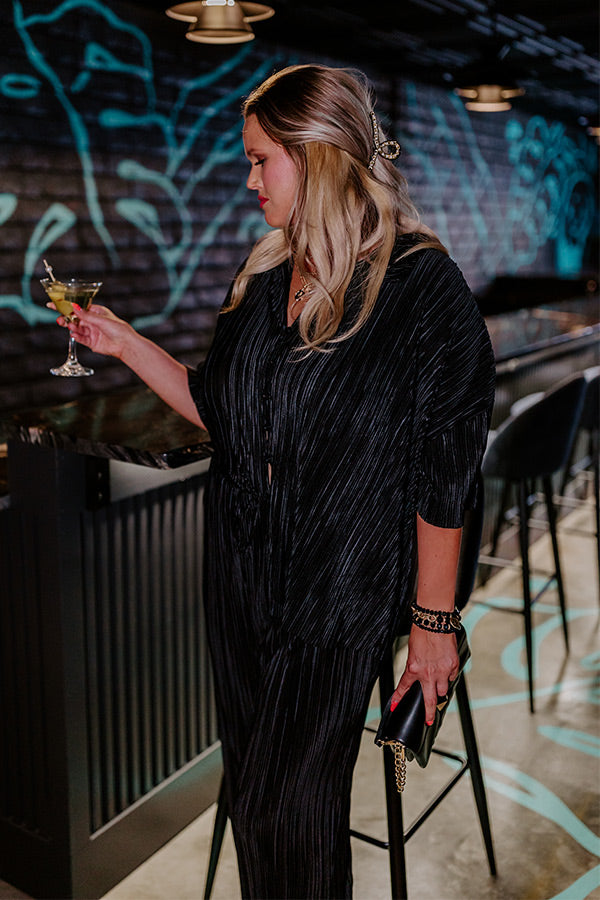 Graceful Appearance Pleated Button Up In Black Curves Image - 5