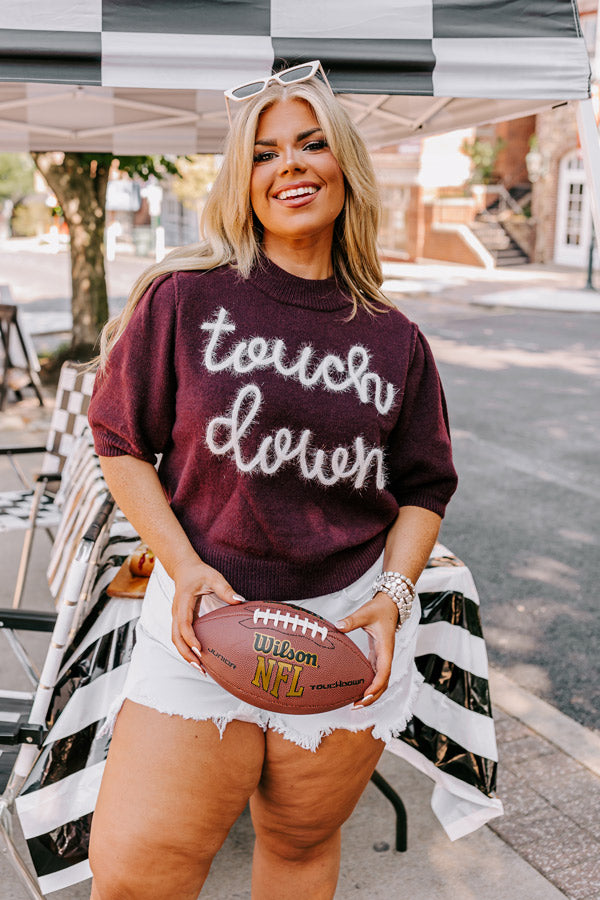 Touchdown Knit Sweater Top In Maroon Curves