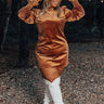 Fashionably Late Velvet Mini Dress In Camel Curves Image - 1