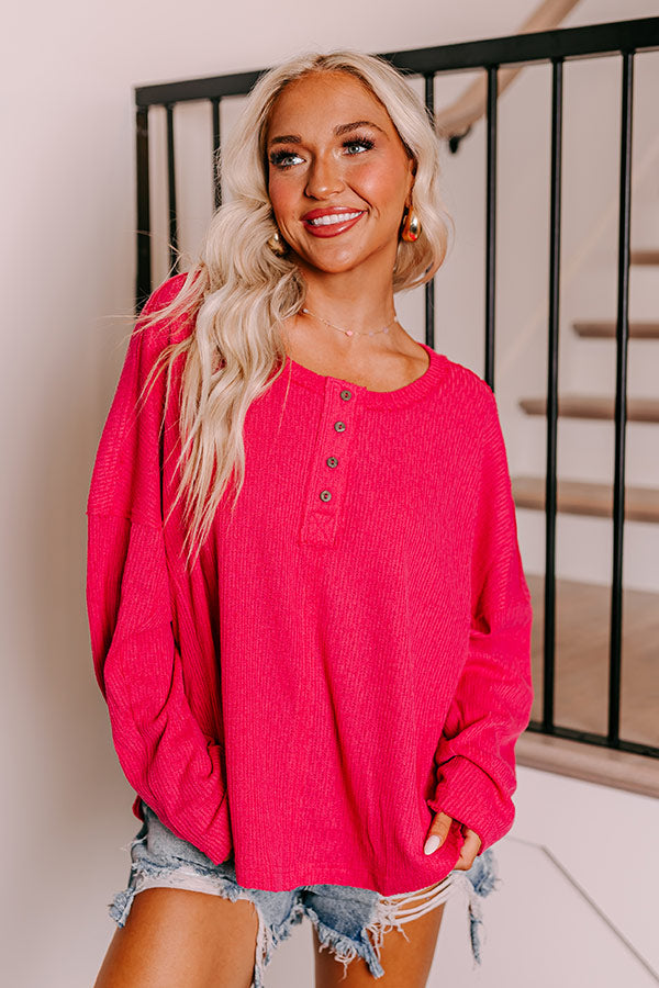 Breezy Times Oversized Henley Top In Hot Pink