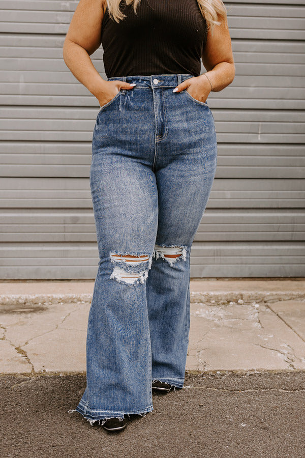 The Sequoia High Waist Distressed Flare in Dark Wash Curves