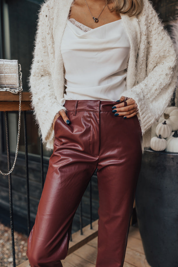 The Catalina High Waist Faux Leather Pants in Dark Rustic Rose