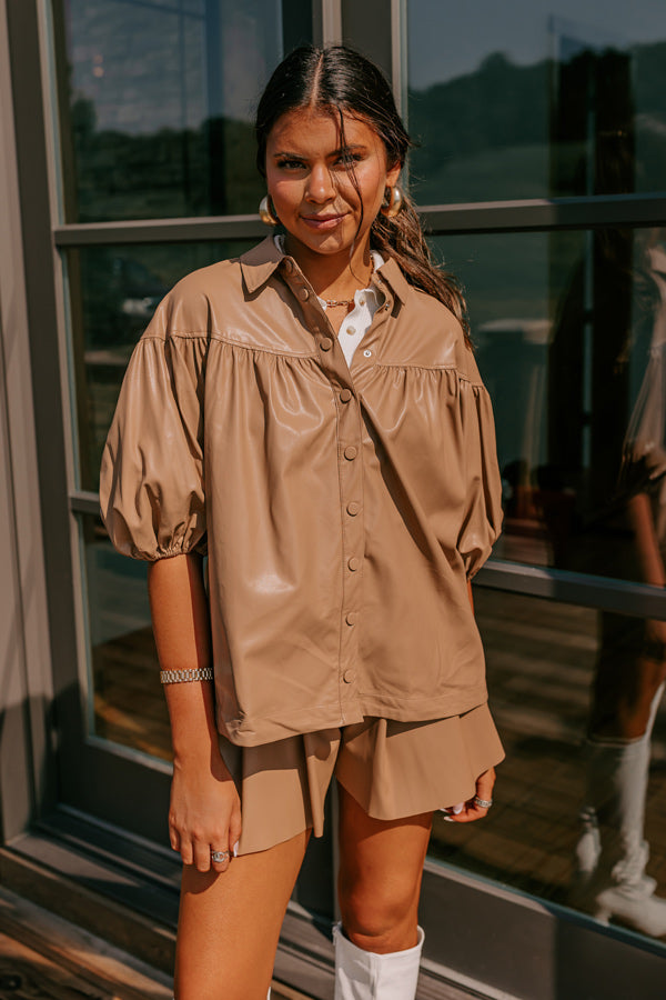 Fate Would Have It Faux Leather Top in Iced Mocha Image - 4