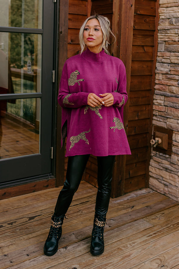 Cozy And Kind Cheetah Sweater In Royal Plum