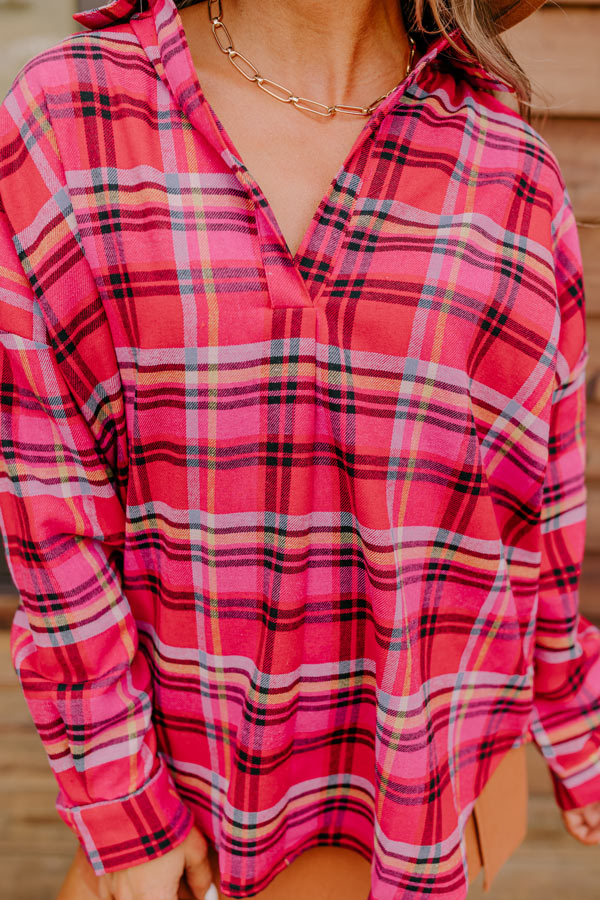 Catching Feelings Plaid Top In Pink Image - 4