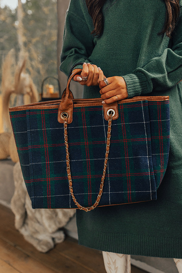 Wintry Dreams Plaid Tote in Navy Image - 1