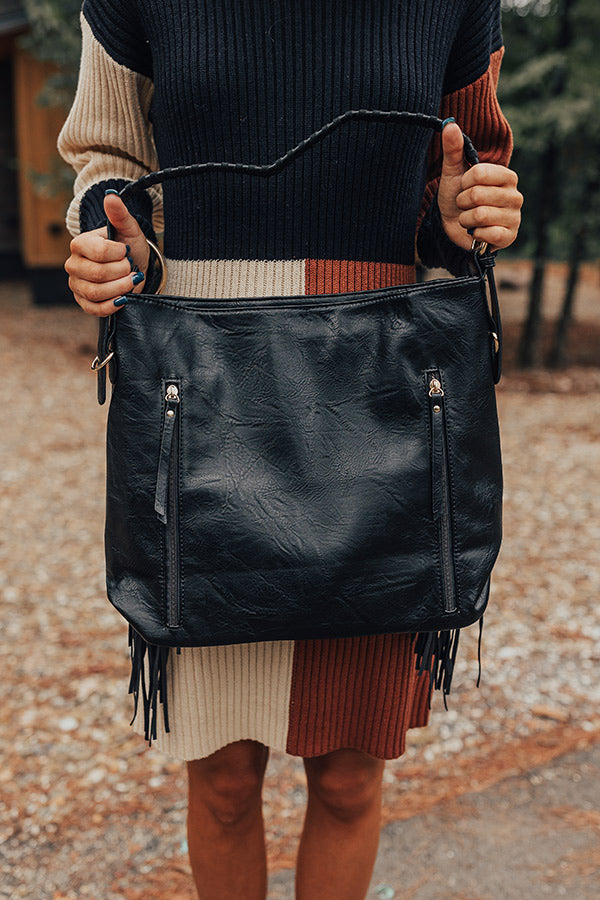 The Edith Faux Leather Fringe Tote in Black