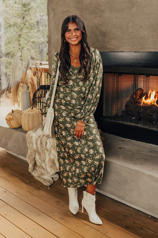 Original Dream Satin Floral Maxi In Olive Image - 1