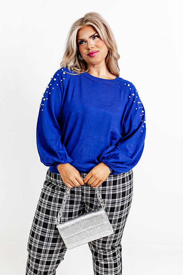 Feeling Spontaneous Embellished Sweater Top In Royal Blue Curves