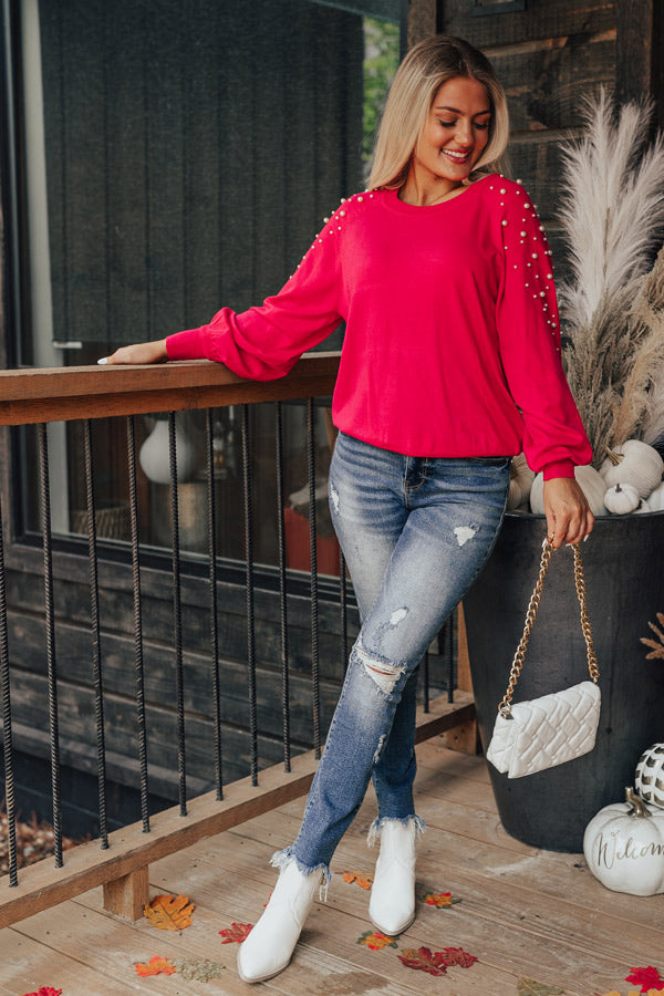 Feeling Spontaneous Embellished Sweater Top In Hot Pink