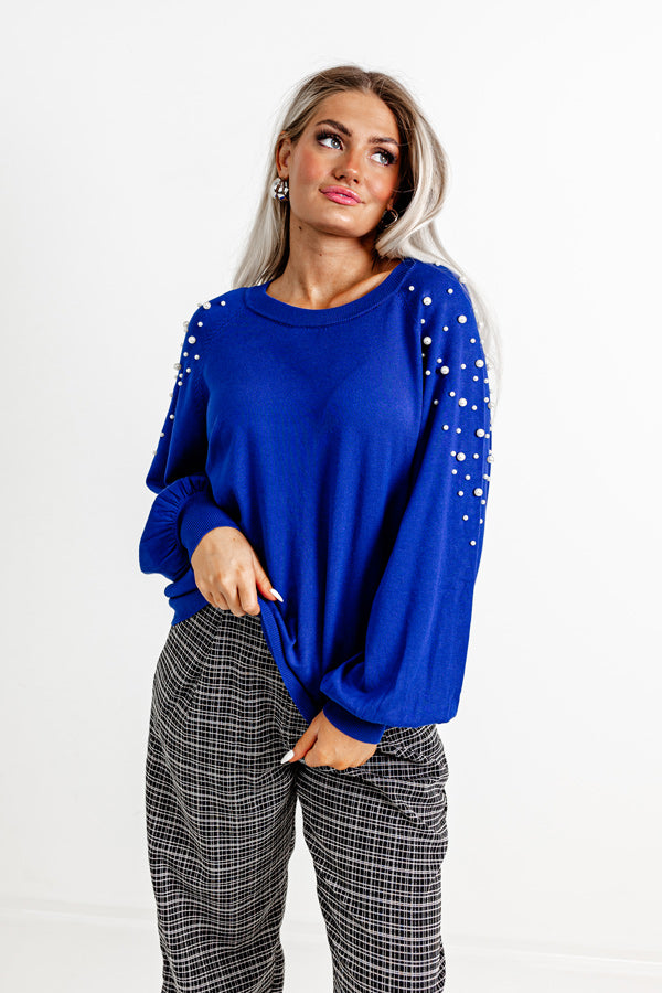 Feeling Spontaneous Embellished Sweater Top In Royal Blue