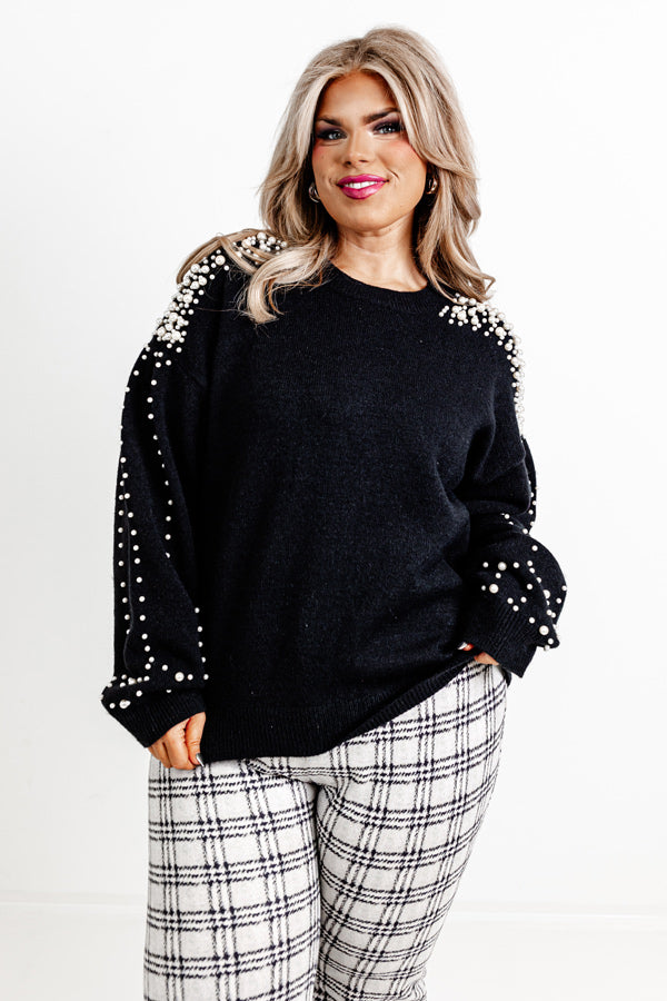 Modern Muse Pearl Embellished Sweater In Black Curves