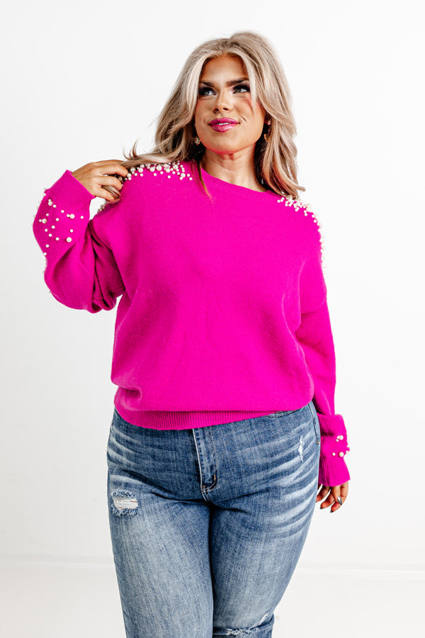 Modern Muse Pearl Embellished Sweater In Hot Pink Curves