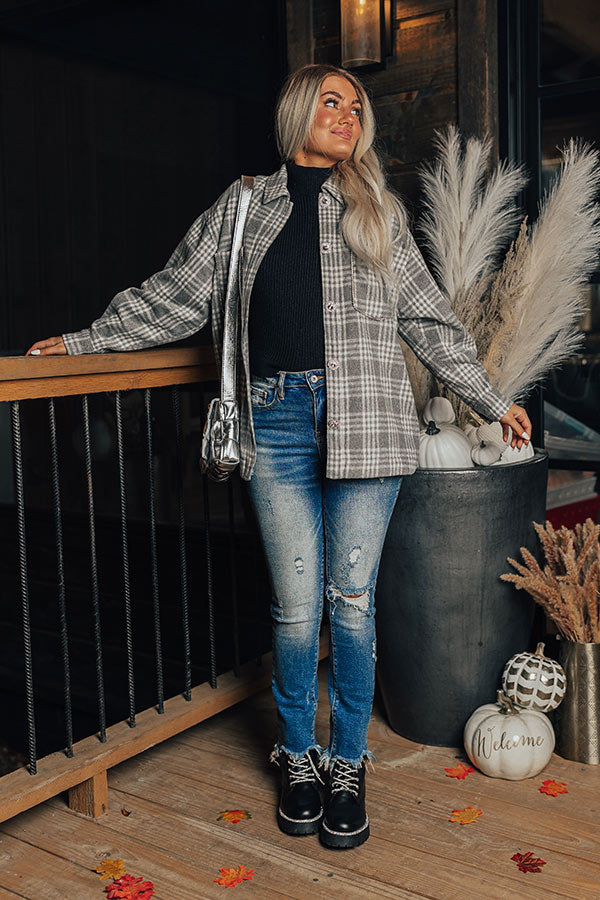 Start The Bonfire Embellished Plaid Jacket in Grey Curves Image - 1