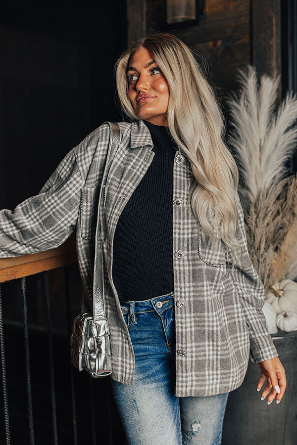 Start The Bonfire Embellished Plaid Jacket in Grey Curves Image - 2