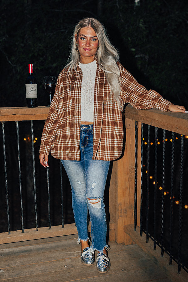 Start The Bonfire Embellished Plaid Jacket in Chocolate Curves Image - 1