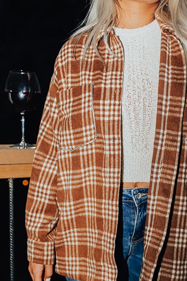 Start The Bonfire Embellished Plaid Jacket in Chocolate Curves Image - 3