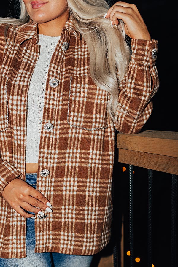 Start The Bonfire Embellished Plaid Jacket in Chocolate Curves Image - 4