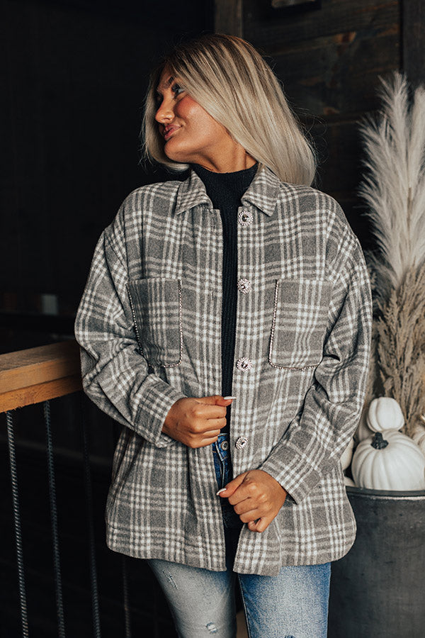 Start The Bonfire Embellished Plaid Jacket in Grey Image - 2