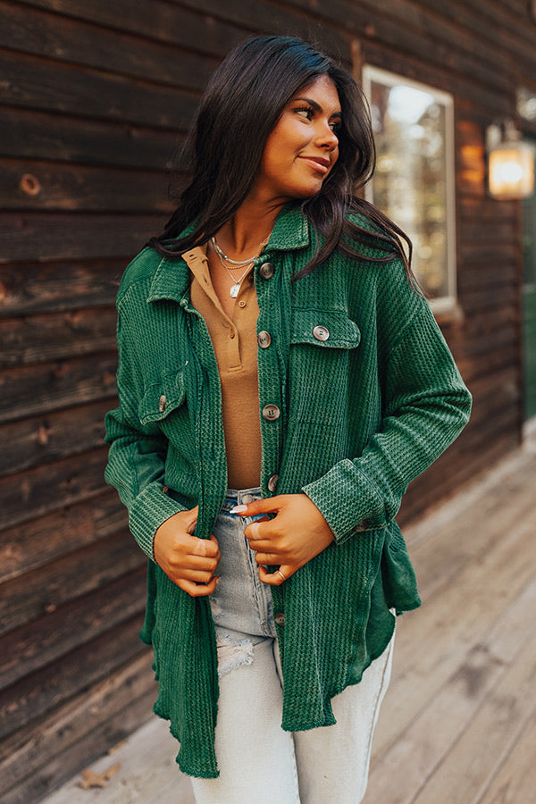 Denver Days Waffle Knit Button Up In Green