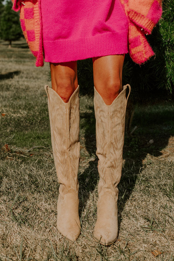 The Jessica Faux Suede Knee High Cowboy Boot in Warm Taupe