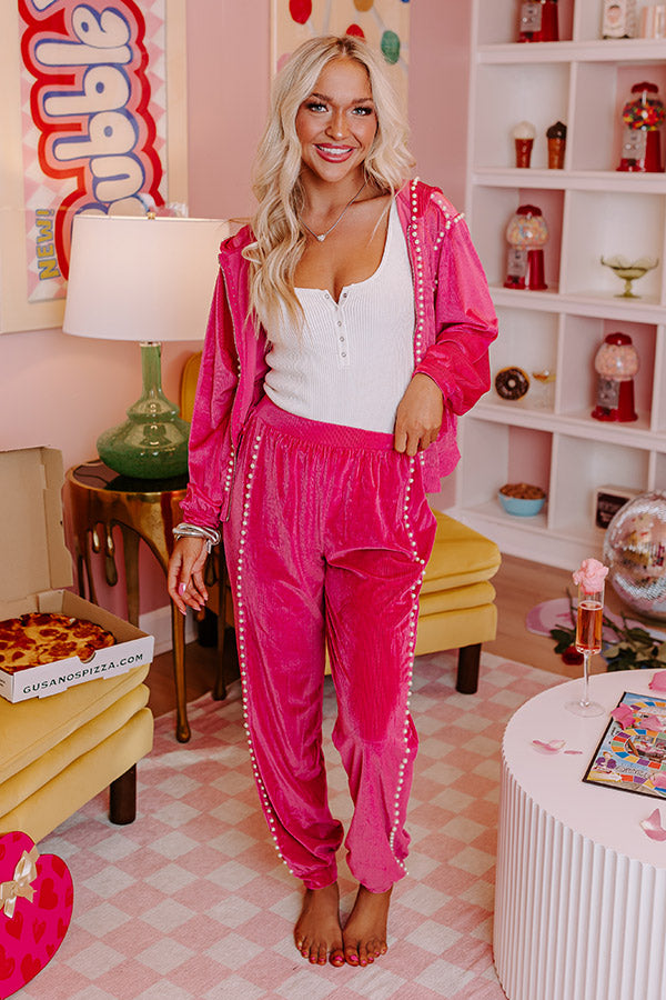 Material Girl Embellished Velour Joggers in Hot Pink
