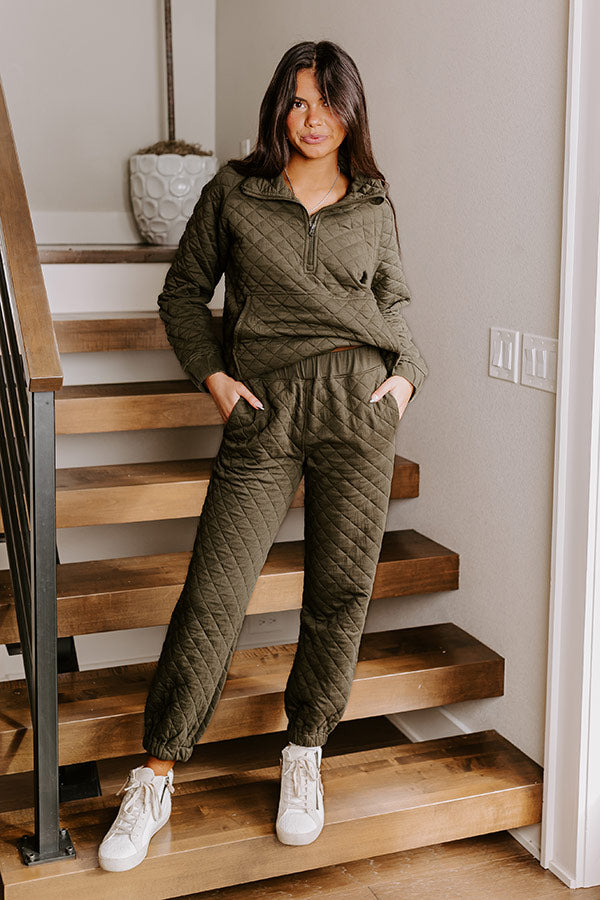 Paris Mornings Quilted Joggers In Dark Sage