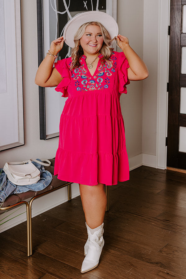 Hidden Bungalow Embroidered Dress In Hot Pink Curves