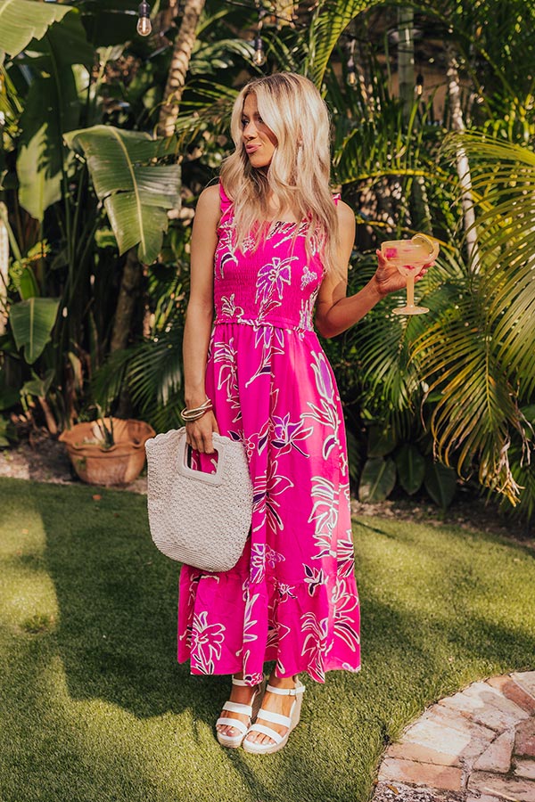 Happy Blooms Smocked Midi in Hot Pink