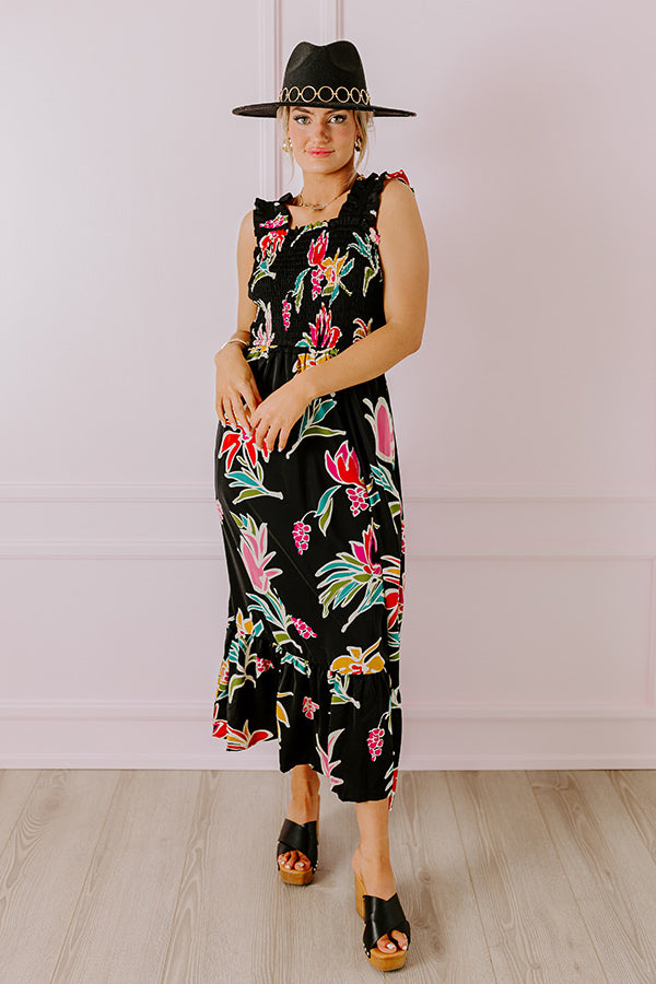 Happy Blooms Smocked Midi in Black Image - 1