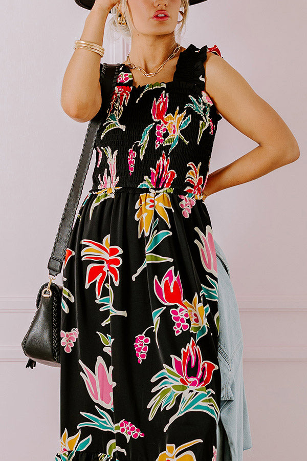 Happy Blooms Smocked Midi in Black Image - 4