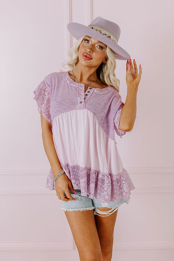 Springtime Sips Lace Babydoll Top In Lavender