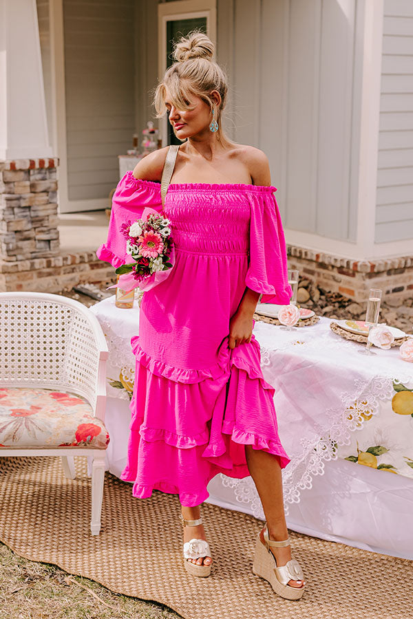 Toes In The Sand Smocked Midi In Hot Pink