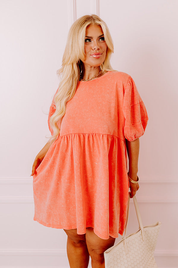 Casual Coffee Date Mineral Wash Dress in Coral Curves